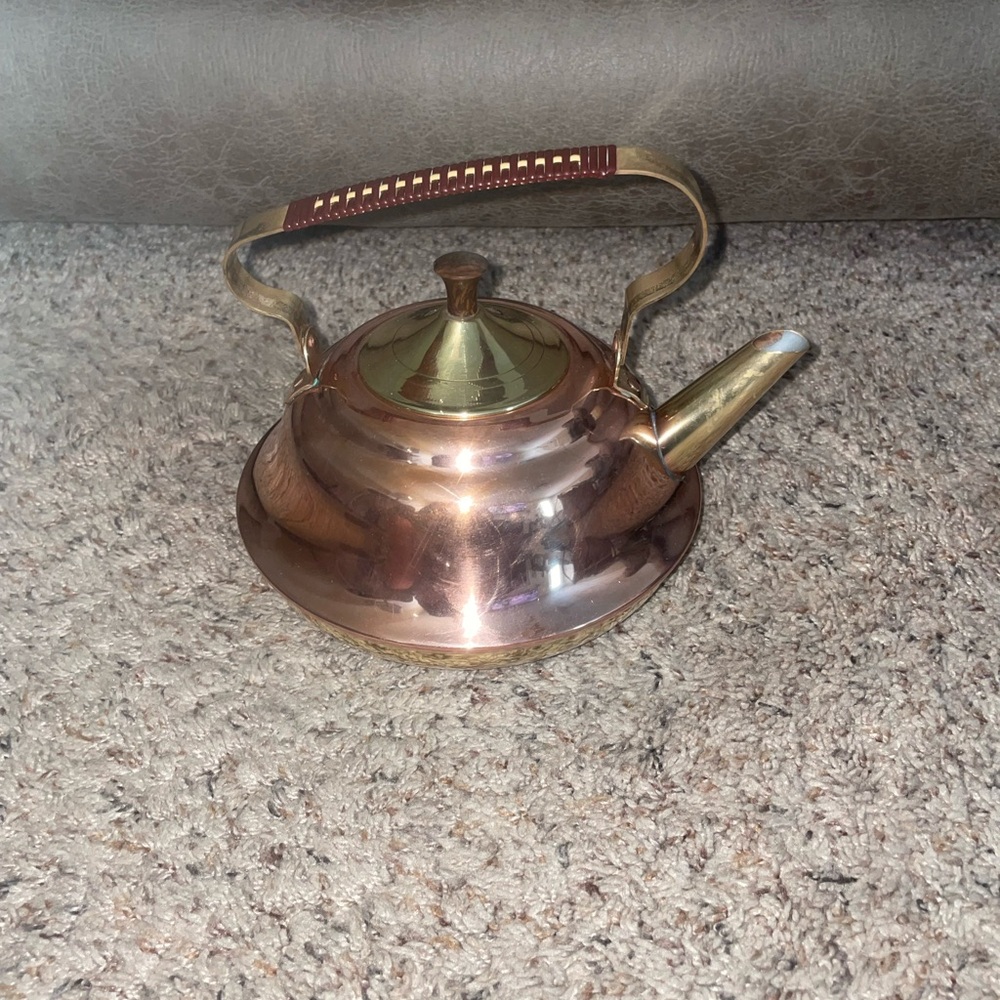 Vintage MCM Copper and Brass Teapot Kettle With Wrapped Handle - Made in Holland